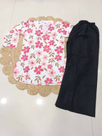 Teeya Creation Women White & Rani Pink Bold Floral Printed Cotton Kurti with Black Wide-Leg Palazzo Set | Grocsy
