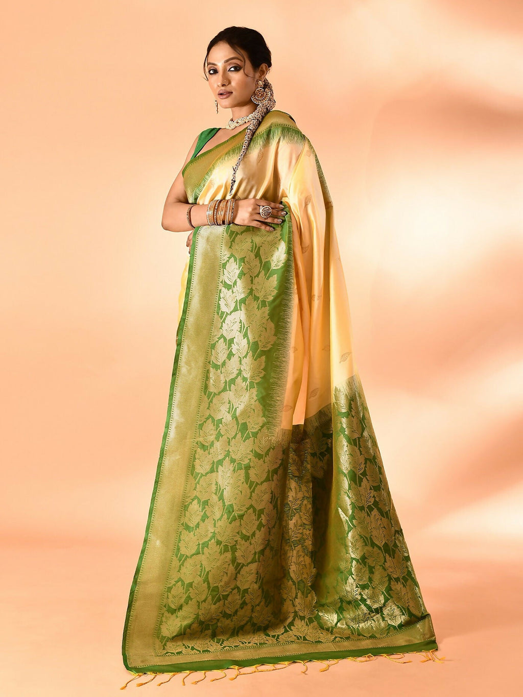 Joban Fashion Light Yellow & Parrot Green Plain With Weaving Border Banarasi Silk Sarees | Grocsy