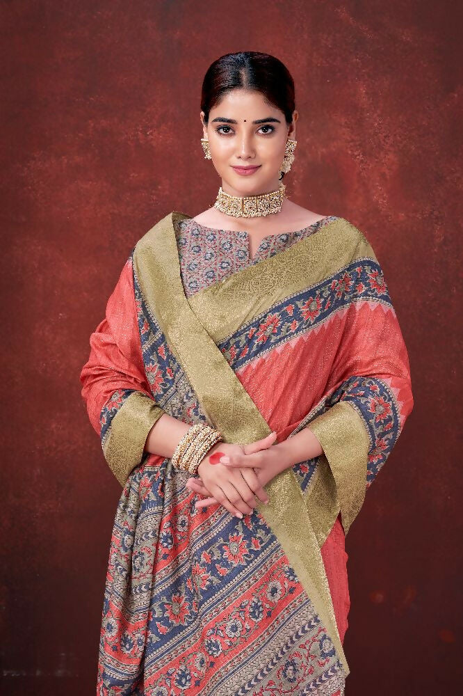 Red Poly Habotai Silk Foil Print Saree with Unstitched Blouse - Kathari | Grocsy