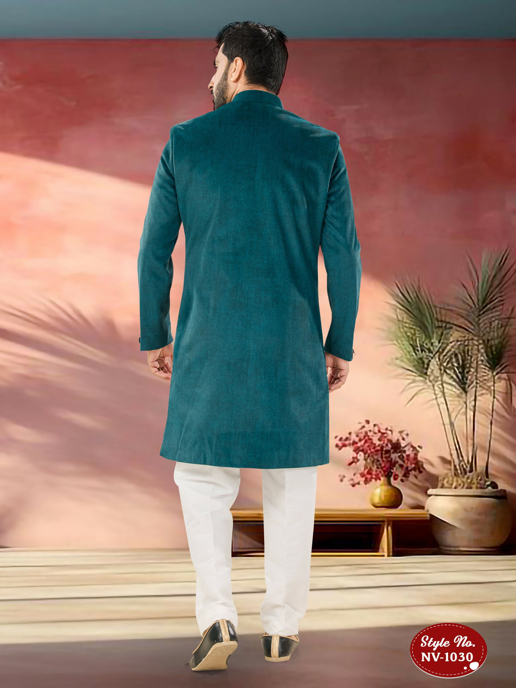 Joban Fashion Men's Blue Straight Swed Velvet Thread & Sequence Embroidery All Over Indo-Western Kurta Set | Grocsy