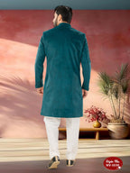 Joban Fashion Men's Blue Straight Swed Velvet Thread & Sequence Embroidery All Over Indo-Western Kurta Set | Grocsy