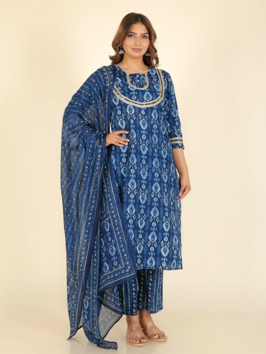 Aramya Straight Soft Cotton Ikat Print Women's Kurta - Blue | Grocsy