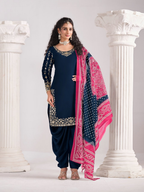 Anaita Navy Blue Roman Silk Stitched Suit with Embroidery & Real Mirror Work | Grocsy