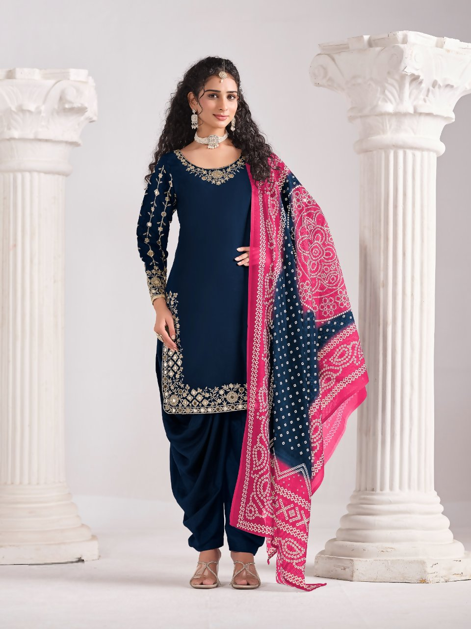 Anaita Navy Blue Roman Silk Stitched Suit with Embroidery & Real Mirror Work | Grocsy