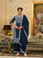 Juniper Women's Navy Ethnic Motif Printed Georgette Kurta Pant And Dupatta Set With Sequins & Beads | Grocsy