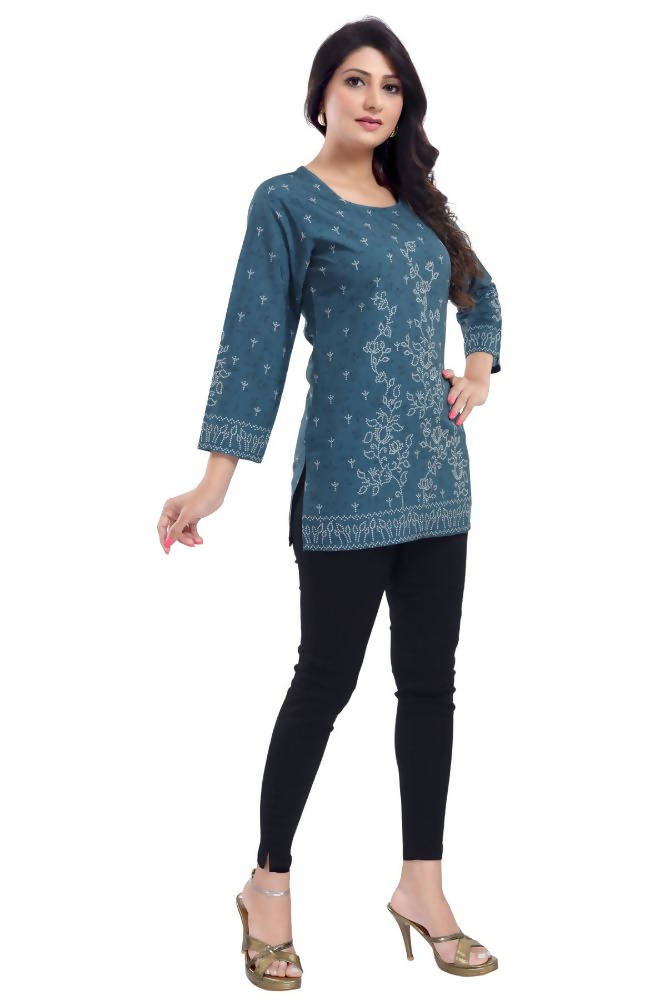 Snehal Creations Graceful Gray Faux Crepe Short Kurti Tunic Top | Grocsy