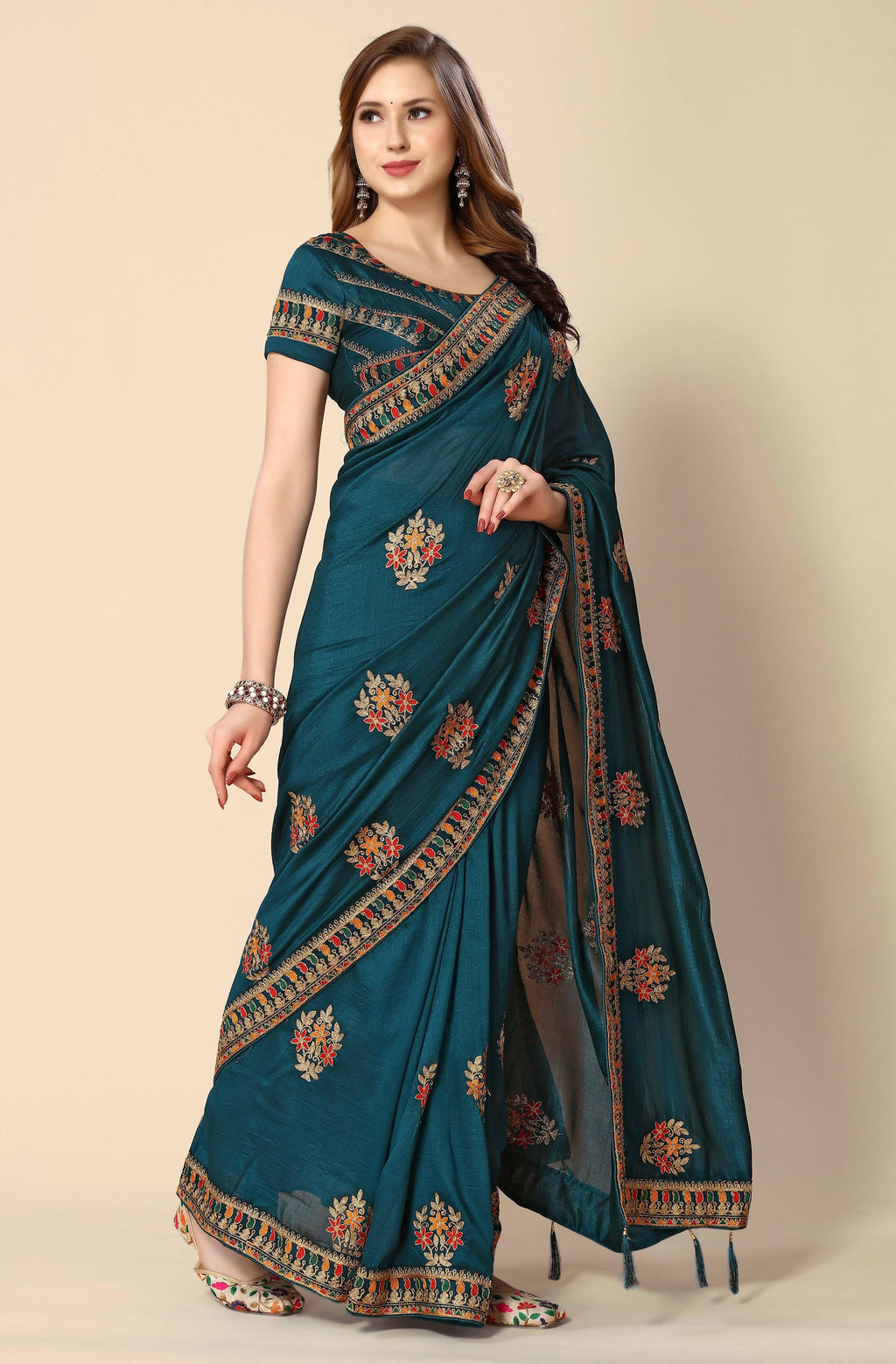 Teal Chinon Embroidered Saree with Unstitched Blouse Piece - Roozal | Grocsy