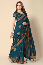 Teal Chinon Embroidered Saree with Unstitched Blouse Piece - Roozal | Grocsy