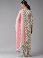 Yufta Women Yellow & Green Floral Handblock Printed Cotton Kurta with Trouser & Dupatta | Grocsy