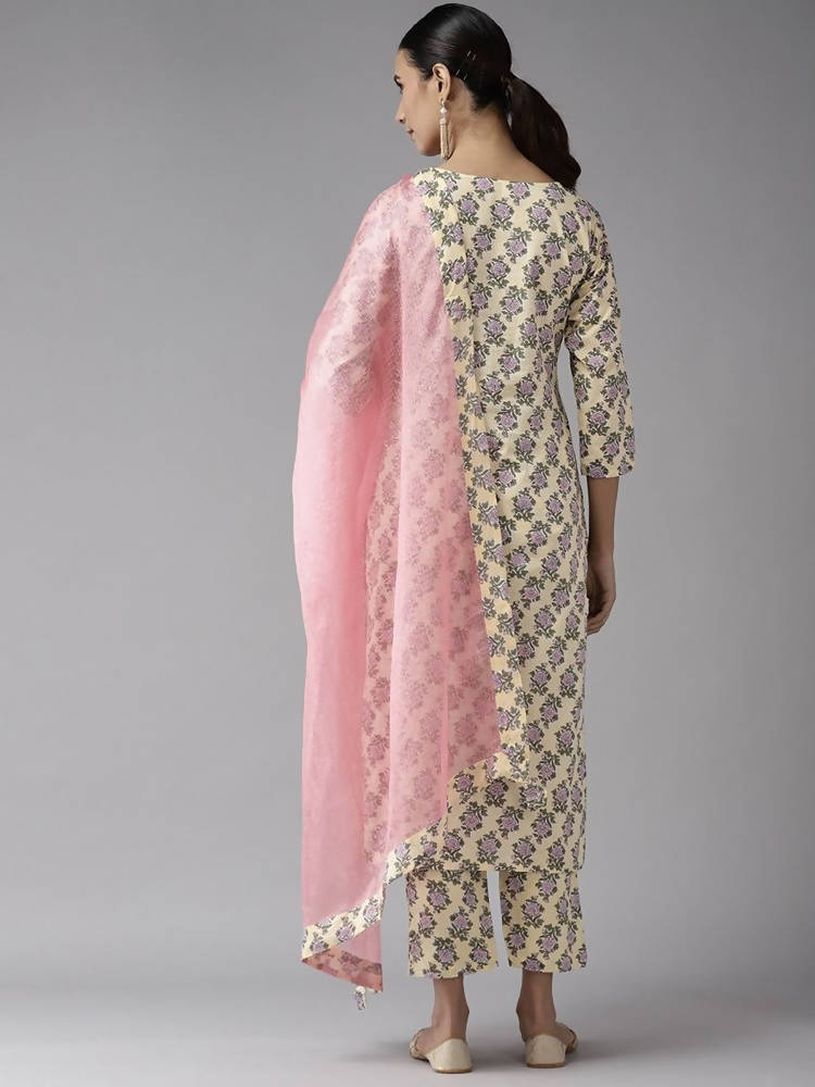 Yufta Women Yellow & Green Floral Handblock Printed Cotton Kurta with Trouser & Dupatta | Grocsy