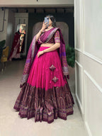 Vastranavya Kashmiri Print With Foil Print Lehenga with Unstitched Printed Blouse - Pink | Grocsy