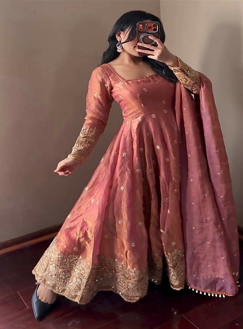 Teeya Creation Peach Festive Wear Heavy Border Anarkali Gown Suit | Grocsy