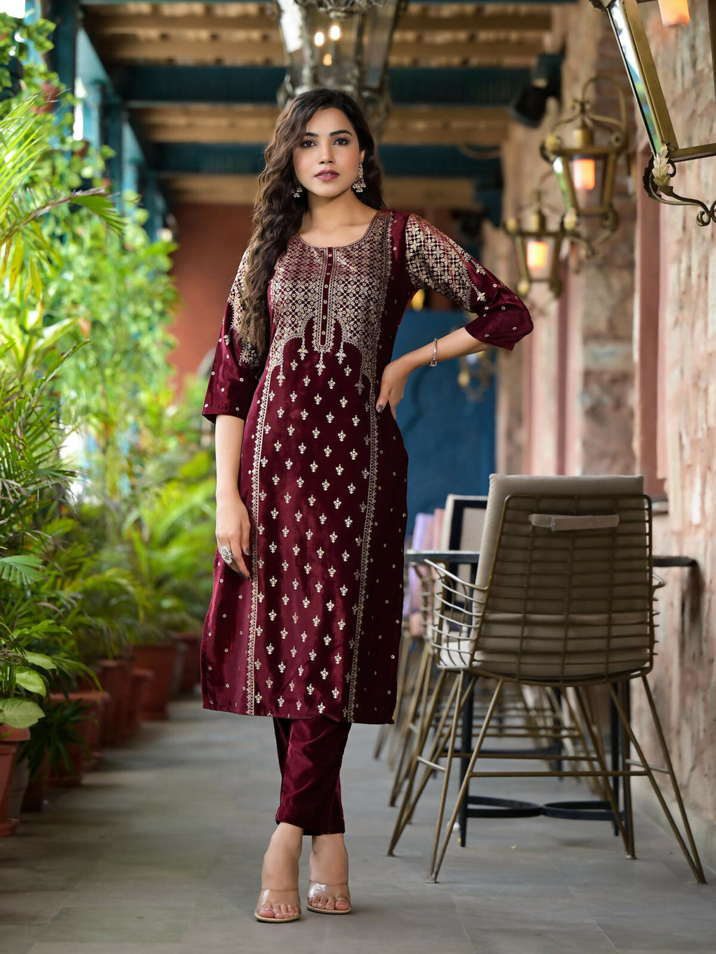 Juniper Women's Maroon Ethnic Motif Printed Velvet Kurta Set With Tassels | Grocsy