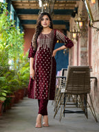 Juniper Women's Maroon Ethnic Motif Printed Velvet Kurta Set With Tassels | Grocsy
