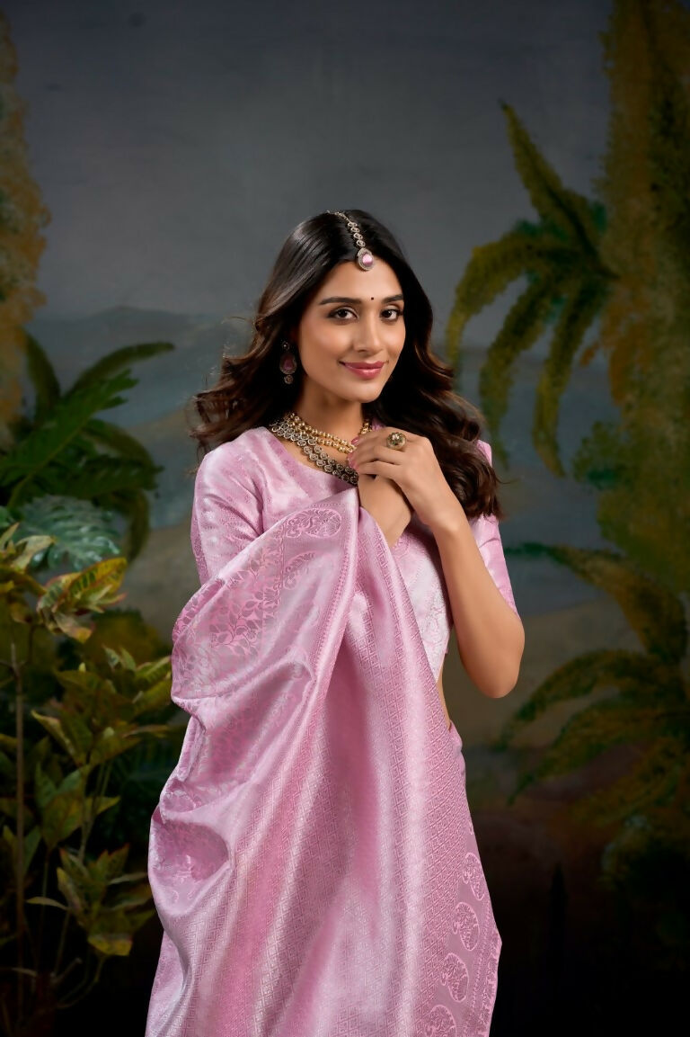 Vastranavya Baby Pink Kanjivaram Zari Weaving Work Saree with Unstitched Blouse | Grocsy
