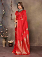 Joban Fashion Red Floral Motifs Banarasi Silk Sarees | Grocsy