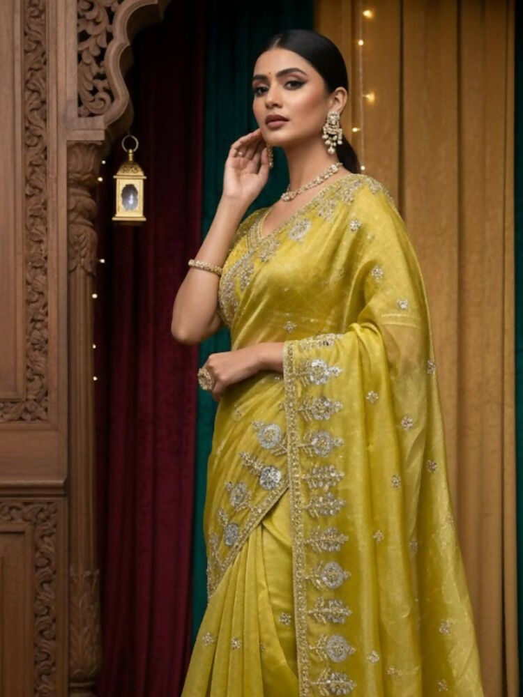 Joban Fashion Yellow Fandy Satin Silk Party Wear Sarees | Grocsy