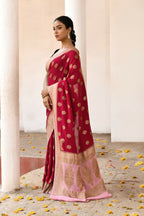 Joban Fashion Red Crepe Chiffon Pure Handloom Banarasi Silk Saree | Grocsy