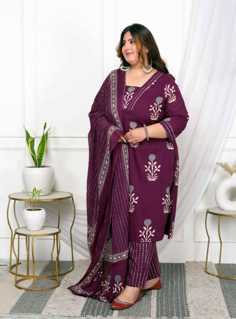 Miravan Women's Plus Size Cotton Fabric Purple Color Kurta With Palazzo And Dupatta | Grocsy