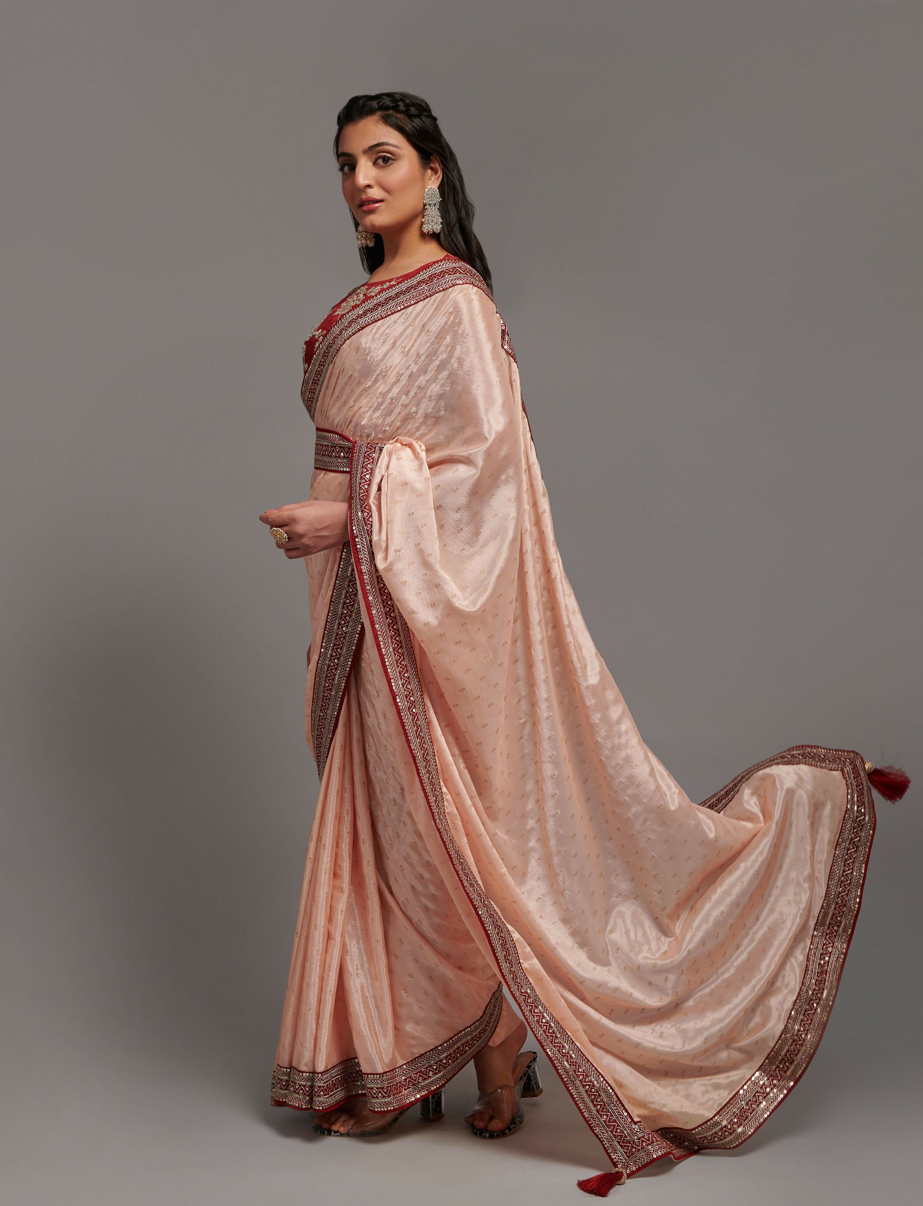PR Fashion Peach Chinon Embroidery Lace Saree | Grocsy
