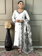 White Viscose chanderi Stitched Suit With Dupatta - Tanisha | Grocsy