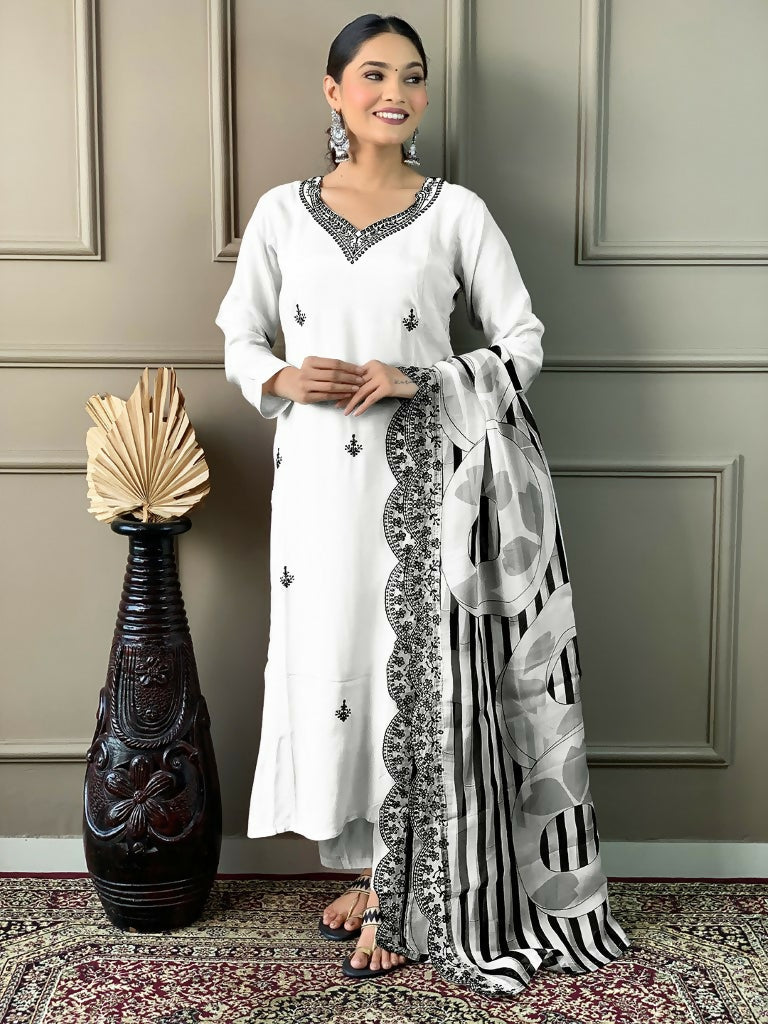 White Viscose chanderi Stitched Suit With Dupatta - Tanisha | Grocsy