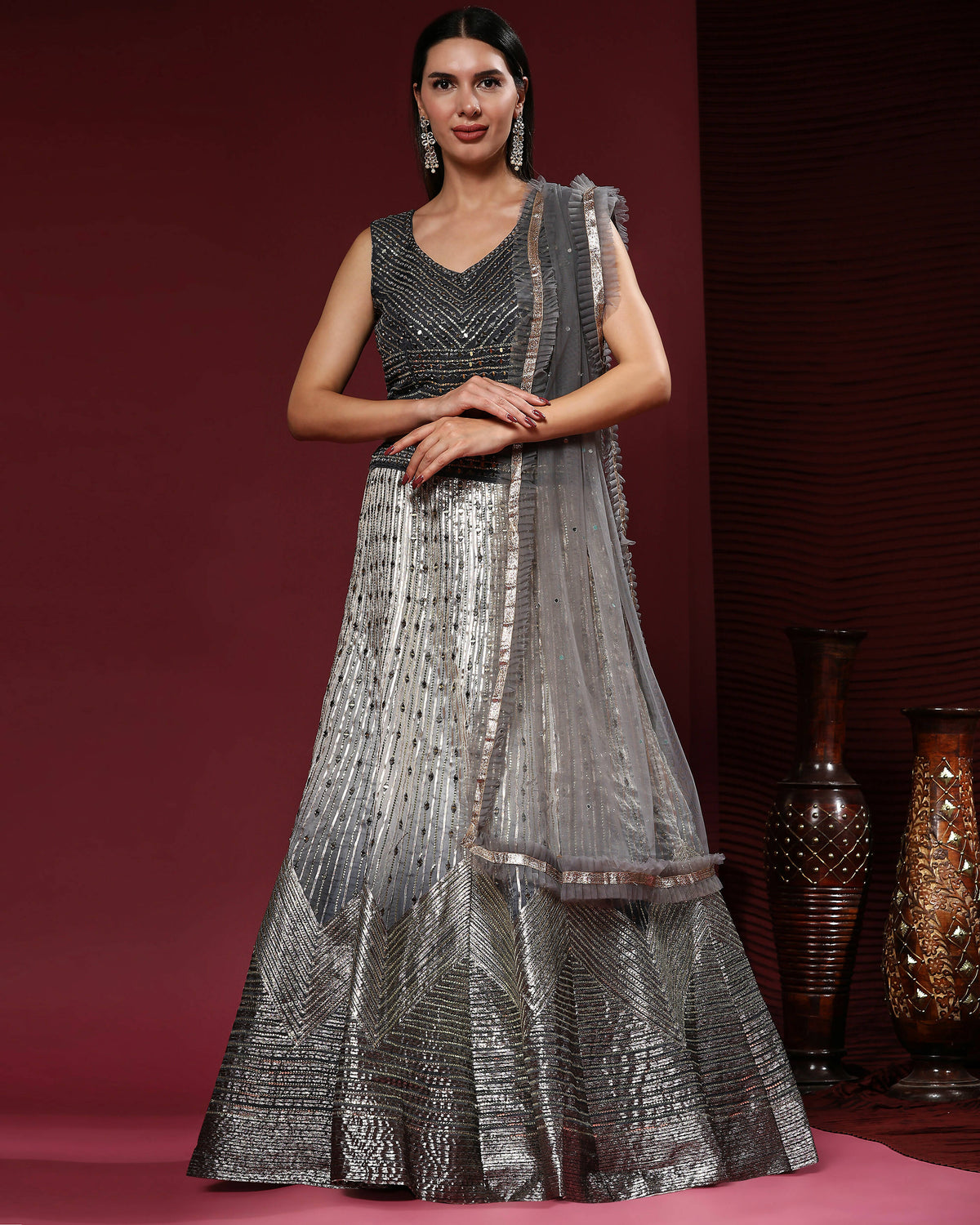 Grey Organza Mirror With Coding Work Lehenga Choli with Dupatta - Tanya | Grocsy