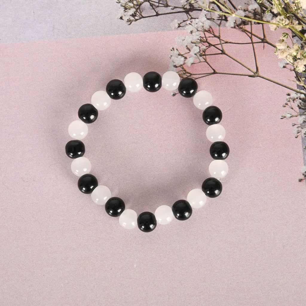 NVR Men & Women White Marble Crystal Beaded Elasticated Bracelet | Grocsy