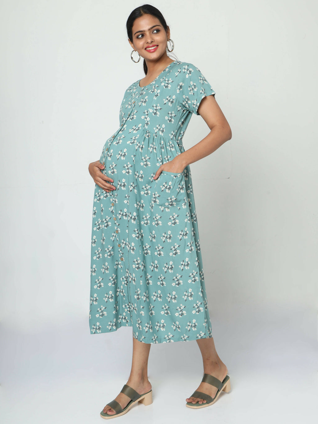 Manet Short Sleeves Maternity Dress Floral Print With Concealed Zipper Nursing Access - Green | Grocsy
