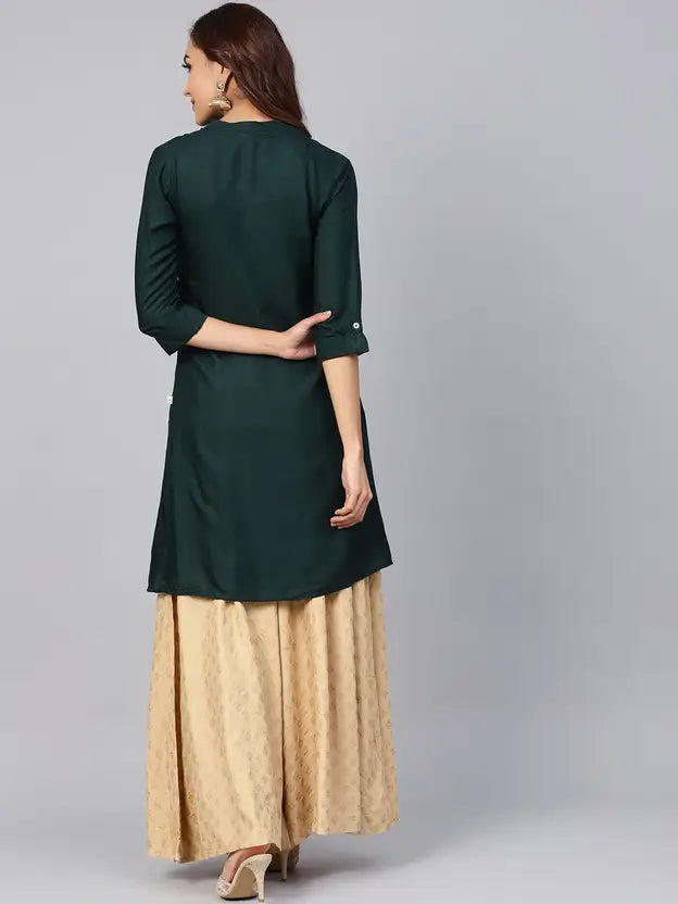 Juniper Women Solid Viscose Rayon Asymmetric Kurta (Dark Green) | Grocsy