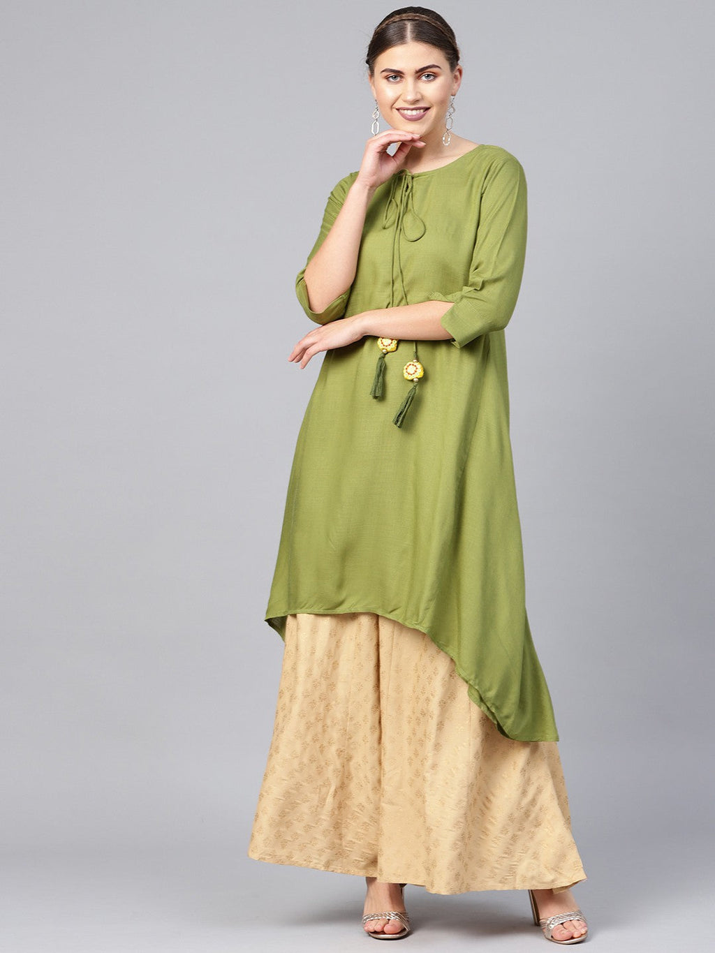 Juniper Olive Rayon Slub Solid Asymmetric Kurta with Tie-up Dori & Tassels | Grocsy