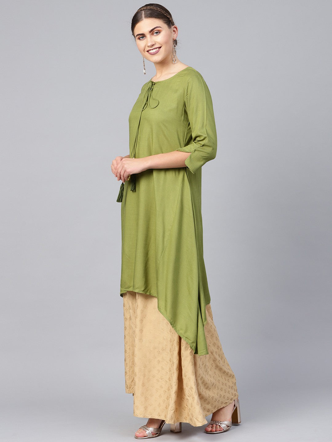 Juniper Olive Rayon Slub Solid Asymmetric Kurta with Tie-up Dori & Tassels | Grocsy