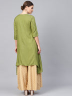 Juniper Olive Rayon Slub Solid Asymmetric Kurta with Tie-up Dori & Tassels | Grocsy
