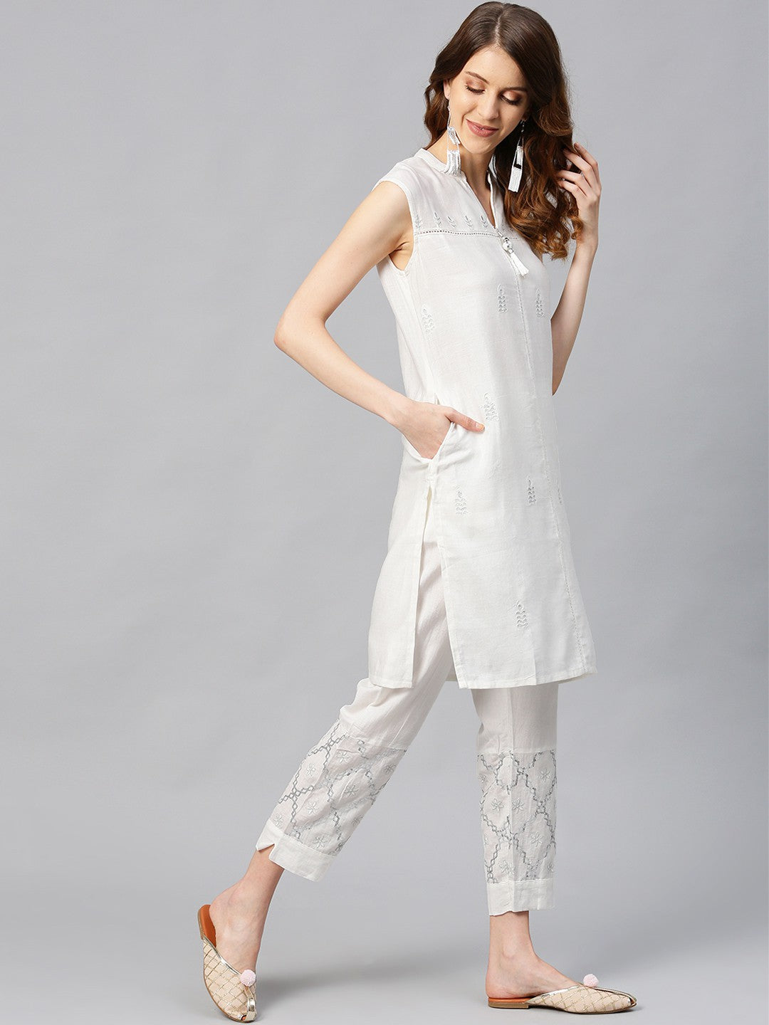 Juniper Women's White Viscose Rayon Embellished Kurta Set | Grocsy