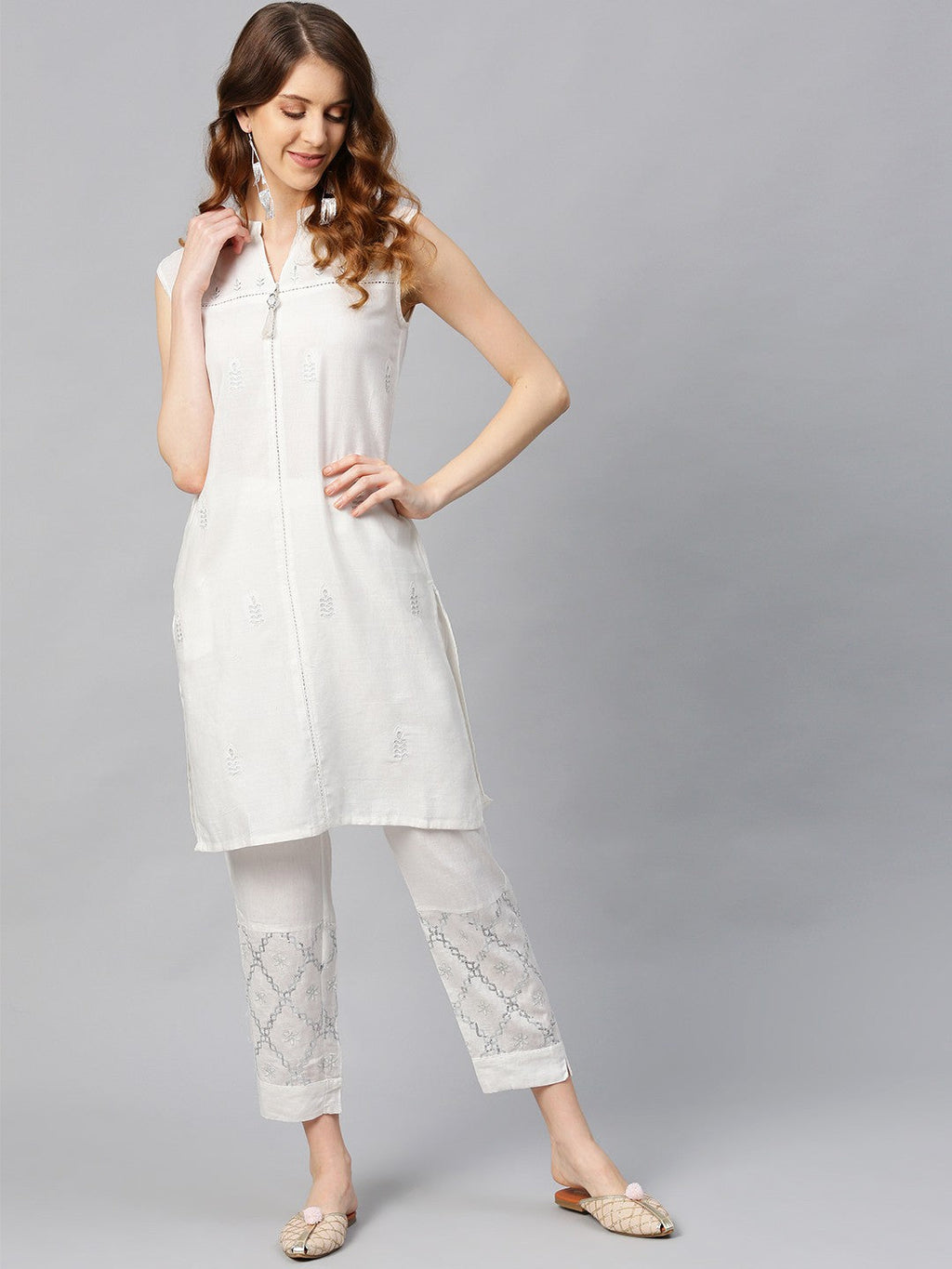 Juniper Women's White Viscose Rayon Embellished Kurta Set | Grocsy