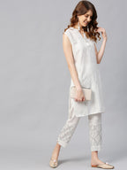 Juniper Women's White Viscose Rayon Embellished Kurta Set | Grocsy
