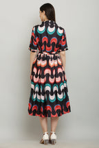 PAVONINE Zig-Zag Multi-Colors Printed Crepe Fabric Black Dress For Women | Grocsy