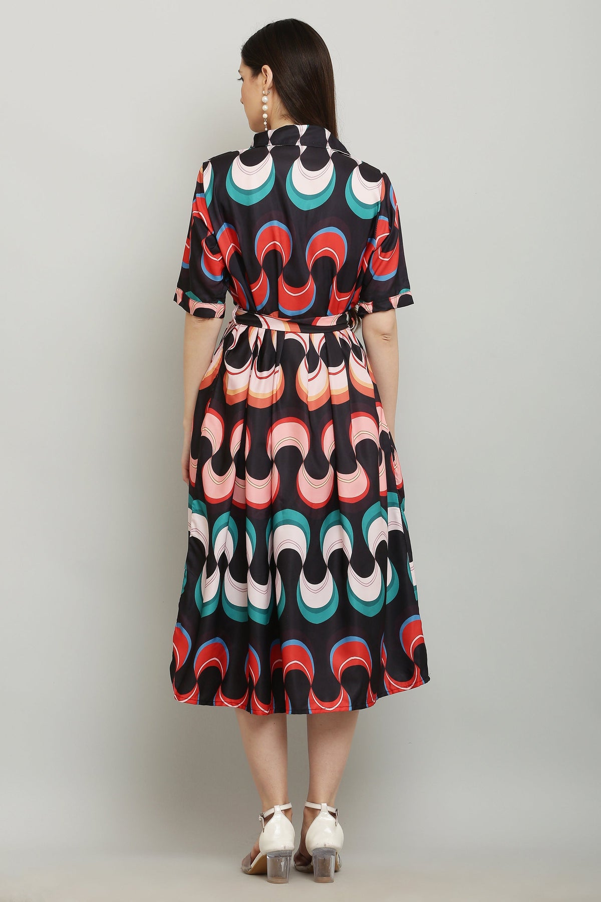 PAVONINE Zig-Zag Multi-Colors Printed Crepe Fabric Black Dress For Women | Grocsy