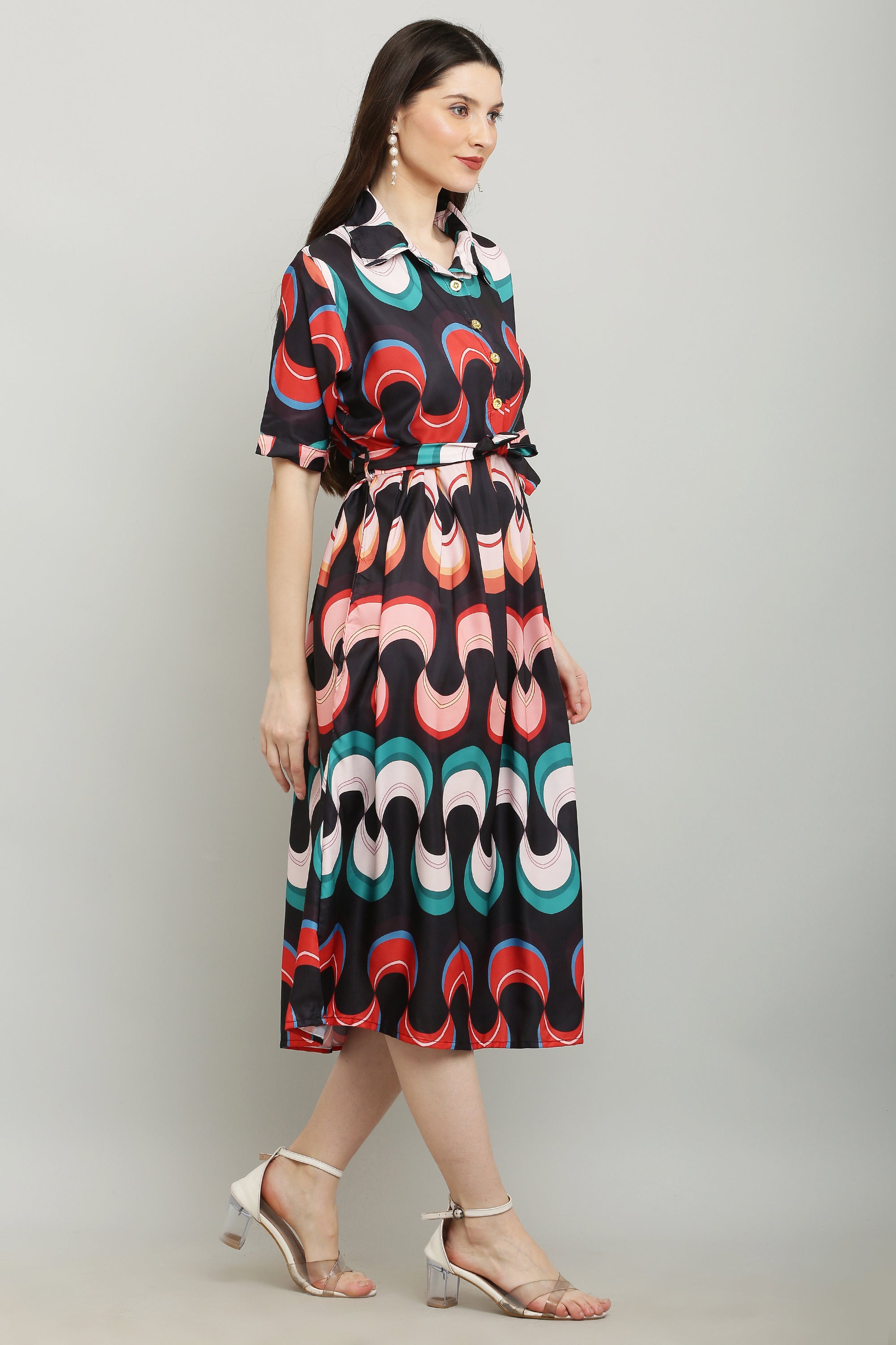 PAVONINE Zig-Zag Multi-Colors Printed Crepe Fabric Black Dress For Women | Grocsy