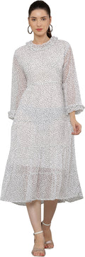 PAVONINE Micro Dots Frill-Neck Georgette Fabric White Dress For Women | Grocsy