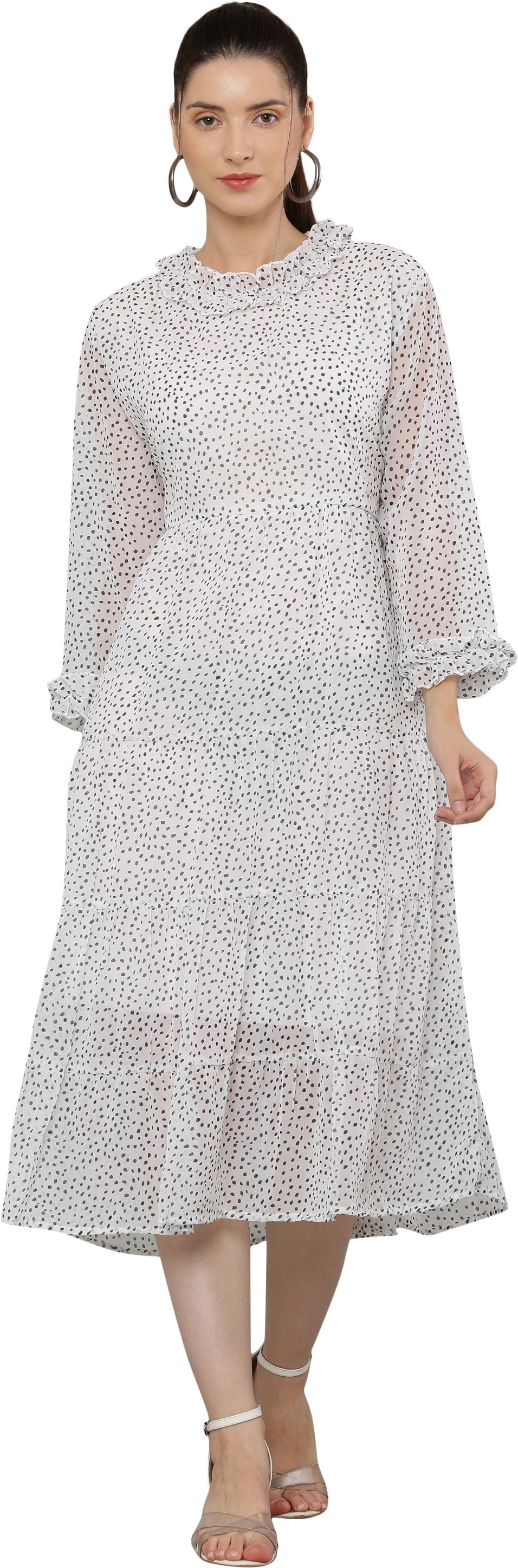 PAVONINE Micro Dots Frill-Neck Georgette Fabric White Dress For Women | Grocsy
