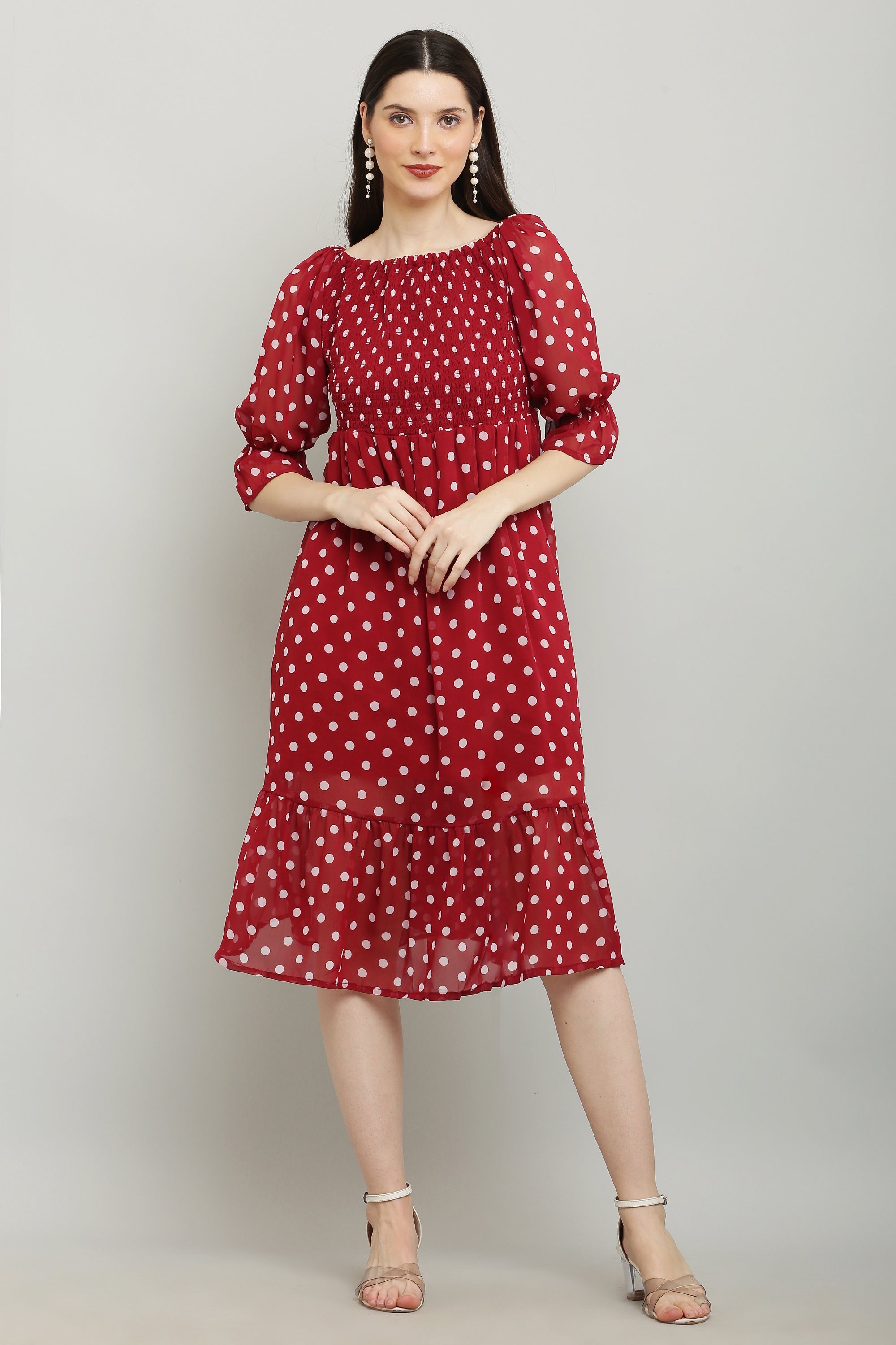 PAVONINE Polka Dots Body Kansai Maroon Dress For Women | Grocsy