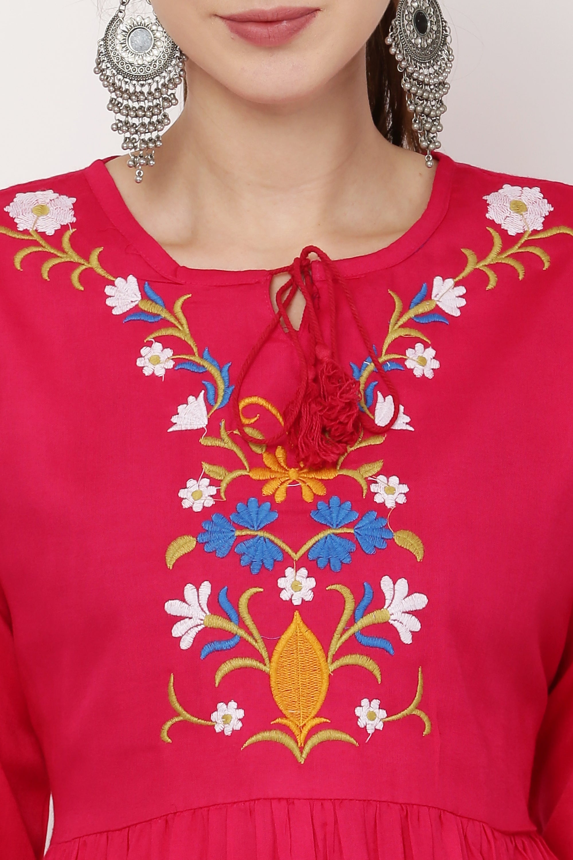 PAVONINE Rani Color Flower Embroidery Dress For Women | Grocsy