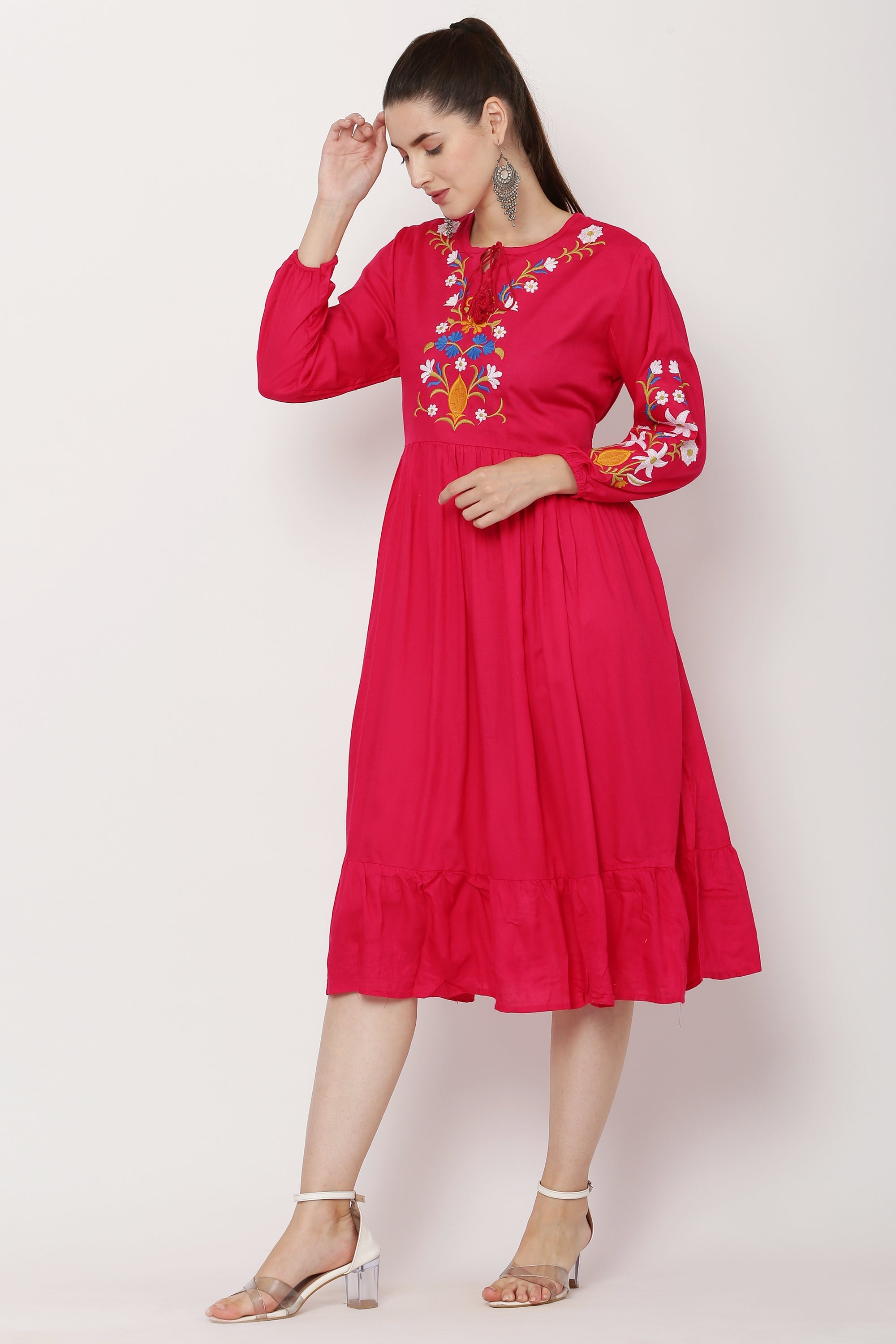 PAVONINE Rani Color Flower Embroidery Dress For Women | Grocsy