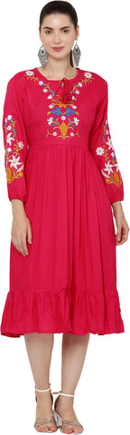 PAVONINE Rani Color Flower Embroidery Dress For Women | Grocsy