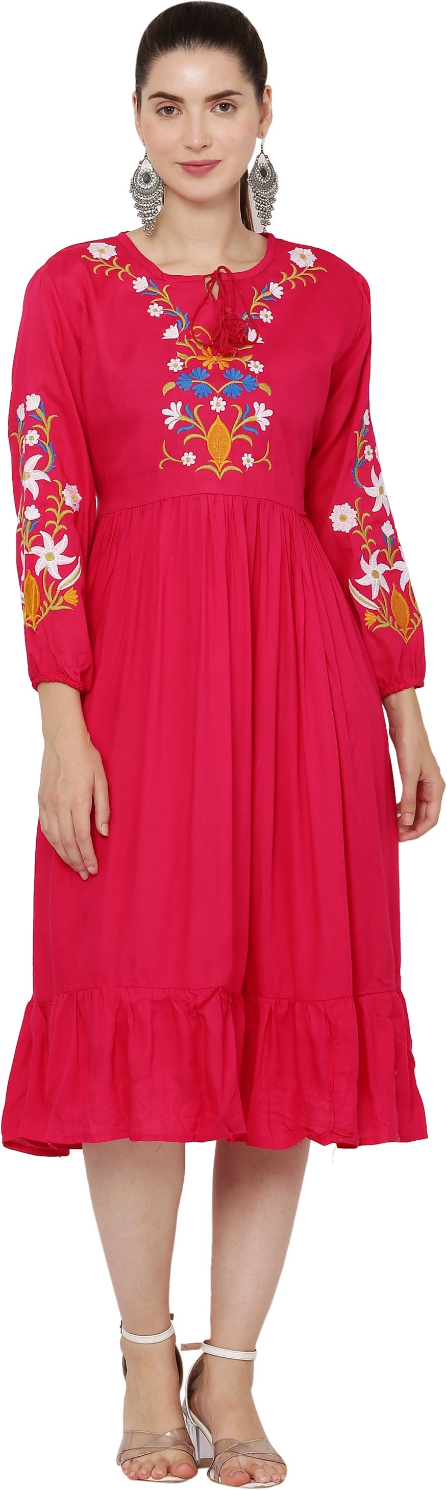 PAVONINE Rani Color Flower Embroidery Dress For Women | Grocsy