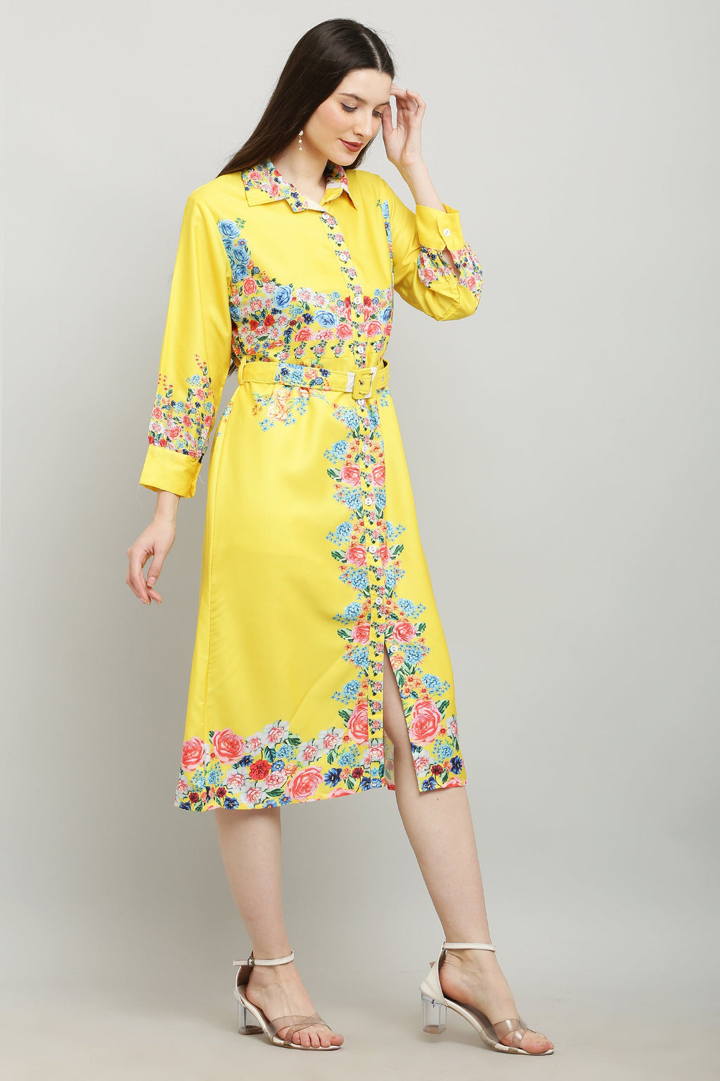 PAVONINE Cat Flower Digital Print Yellow Color A-Line Dress For Women | Grocsy