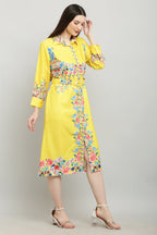 PAVONINE Cat Flower Digital Print Yellow Color A-Line Dress For Women | Grocsy