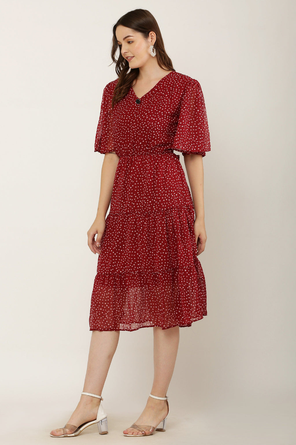 PAVONINE Micro Dots V-Neck Georgette Fabric Maroon Dress For Women | Grocsy