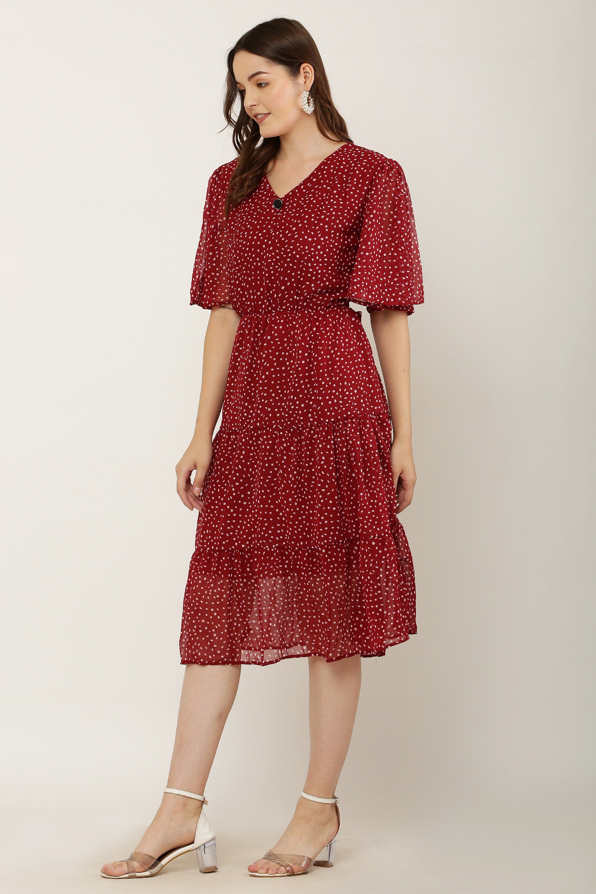 PAVONINE Micro Dots V-Neck Georgette Fabric Maroon Dress For Women | Grocsy